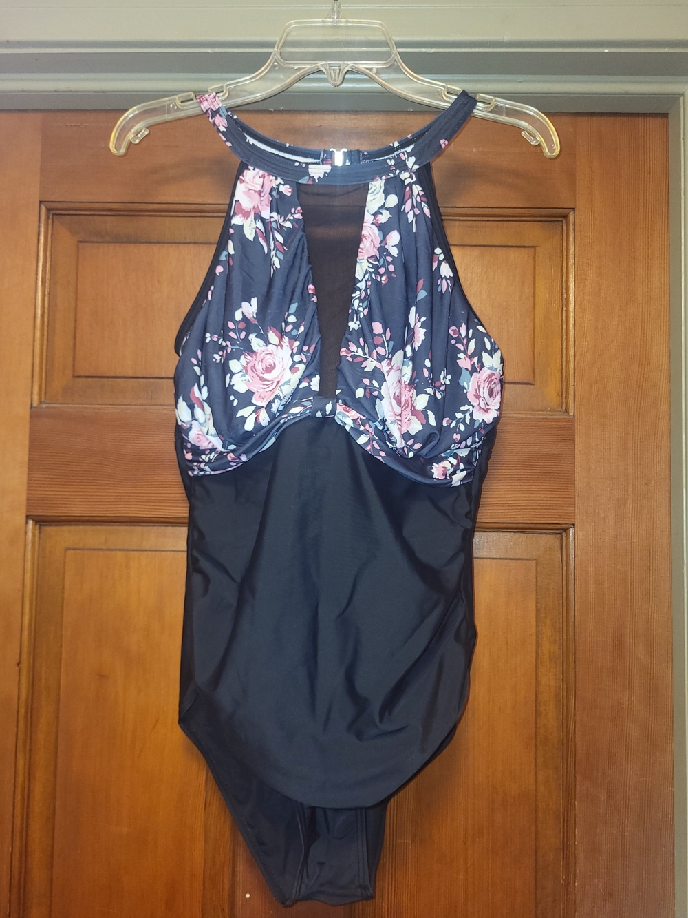 Source Unknown High-Neck One-Piece Swimsuit - Black with Pink Floral